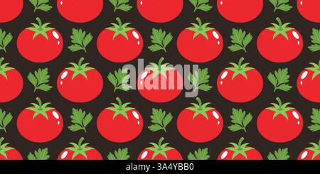 Motif sans couture avec tomates rouges vives et feuilles de persil vert sur fond sombre. Style plat propre, idéal pour les textiles, les papiers peints, les emballages, la marque alimentaire de décoration de cuisine, les impressions numériques Illustration de Vecteur