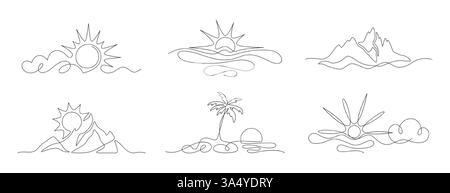 Vecteur doodle art continu d'une ligne soleil, nuage, paysage tropical avec des montagnes, plage de mer, cocotier palmier. Silhouettes linéaires de symboles d'été. Icônes météo à contour fin unique, éléments de la nature Illustration de Vecteur