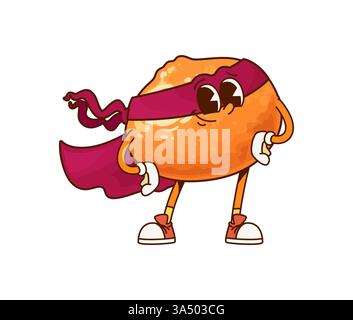 Personnage de fruit super-héros mandarin groovy avec un masque rouge, cape fluide, yeux expressifs et une pose confiante. Vecteur de dessin animé isolé citrus tropical tangerine ou un personnage rétro de défenseur orange Illustration de Vecteur