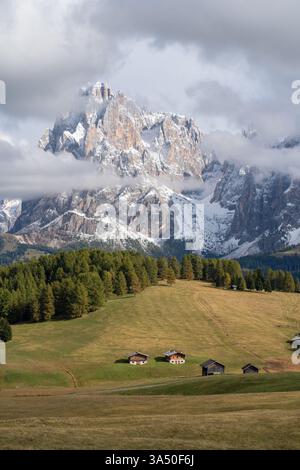 Le magnifique paysage des Dolomites à Alpe di Siusi en Italie montre une prairie sereine, des cabanes alpines et des sommets enneigés. Une scène de voyage panoramique idéale pour la nature, les montagnes et les campagnes de vacances. Banque D'Images