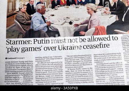PM Keir Starmer : Poutine ne doit pas être autorisé à « jouer à des jeux » sur le cessez-le-feu en Ukraine » le journal Guardian fait la une des discussions de paix article 15 mars 2025 Royaume-Uni Banque D'Images