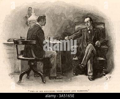 L'aventure du problème final ». Sherlock Holmes appelant le Dr Watson à demander son aide pour vaincre son adversaire, le professeur Moriarty, « … Le Napoléon du crime, … ». Illustration de Sidney E. Paget (1860-1908) pour 'les aventures de Sherlock Holmes' par Arthur Conan Doyle dans 'The Strand Magazine' (Londres, 1893). Paget a été le premier artiste à dessiner Holmes. Banque D'Images