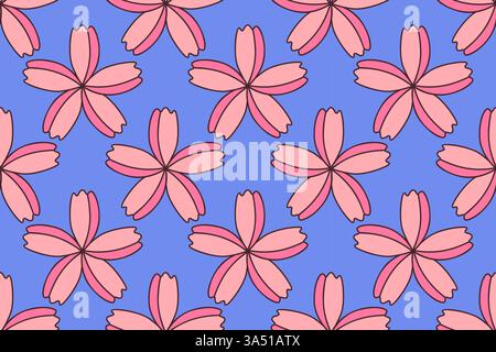 Motif floral avec de délicates fleurs de sakura roses sur un fond bleu doux. Design ludique et romantique de style plat pour les thèmes du printemps et de l'été, pour la mode, le design d'intérieur, les projets graphiques Illustration de Vecteur