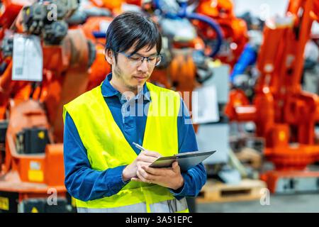 Responsable professionnel supervisant les chaînes d'assemblage robotisées automatisées dans une usine de fabrication. Un environnement industriel solide pour les sujets sur la robotique, l'automatisation, l'efficacité de fabrication et les opérations d'usine. Image claire de la gestion industrielle moderne. Banque D'Images