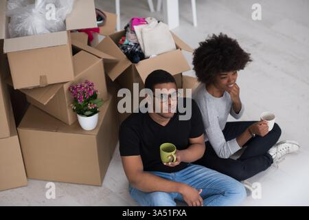 Joyeux jeune couple afro-américain est assis sur le sol dans une nouvelle maison, partageant le café parmi les boîtes de déménagement. Le moment chaleureux et relationnel convient aux contextes de style de vie et de décoration intérieure. Idéal pour les articles sur le déménagement, le démarrage d'une nouvelle maison, et la vie de famille. Banque D'Images