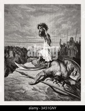 Gravure représentant David hissant la tête coupée de Goliath réalisée en 1866 par Gustave Doré pour illustrer une nouvelle édition de la Sainte Bible. Banque D'Images