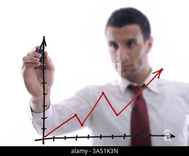 Professionnel masculin moyen-oriental des affaires dessine un graphique en ligne ascendant sur l'espace de copie dans un studio. Une image conceptuelle pour la croissance de l'entreprise, l'analyse et les présentations. Banque D'Images