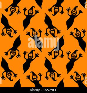 Motif sans couture avec des figures fantômes ludiques sur un fond orange, parfait pour les décorations d'Halloween et les événements festifs Illustration de Vecteur