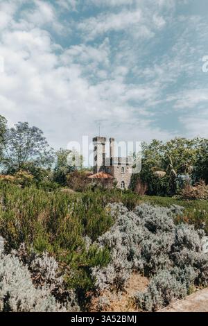 Petit château d'architecture gothique dans un terrain verdoyant à Sintra, Portugal en été. Banque D'Images