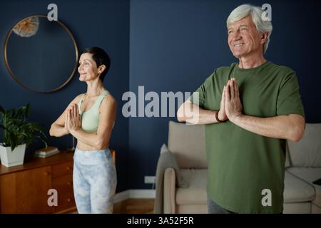 Homme senior et femme pratiquant le yoga pose dans le salon à la maison à côté de plantes d'intérieur et commode en bois démontrant des expressions concentrées et calmes Banque D'Images