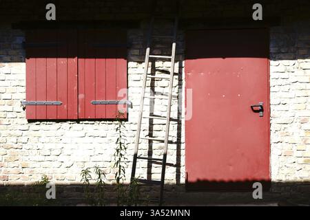 Une échelle s'appuie à la lumière du soleil contre une grange avec une porte en bois et une fenêtre fermée Banque D'Images