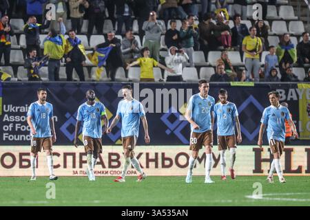 Murcie, Espagne. 20 mars 2025. Les joueurs belges ont l'air déçus lors d'un match de football entre l'équipe nationale belge des Red Devils et l'Ukraine, jeudi 20 mars 2025 à Murcie, en Espagne, première étape des play-offs de la Ligue des Nations. BELGA PHOTO VIRGINIE LEFOUR crédit : Belga News Agency/Alamy Live News Banque D'Images