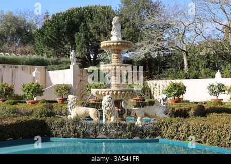 Une fontaine en pierre dans un jardin Banque D'Images
