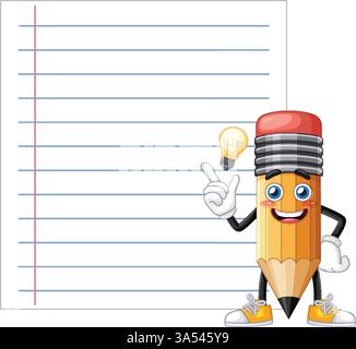 Illustration vectorielle d'un personnage de crayon souriant tenant une ampoule lumineuse incandescente, symbolisant la créativité et les idées Illustration de Vecteur