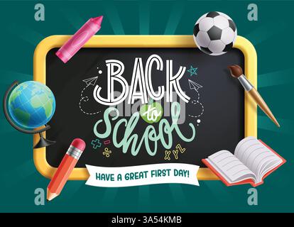 Modèle de clipart d'accueil pour la rentrée scolaire. Texte de salutation scolaire dans le matériel éducatif de tableau noir avec globe, crayon, pinceau, livres Illustration de Vecteur
