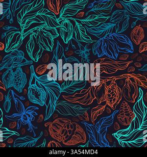 Modèle sans couture cacao. Chocolat bio foncé. Fond vintage de vecteur. Branche d'arbre dessinée à la main, fruit cru, haricot à croquis. Nuit tripique Illustration de Vecteur