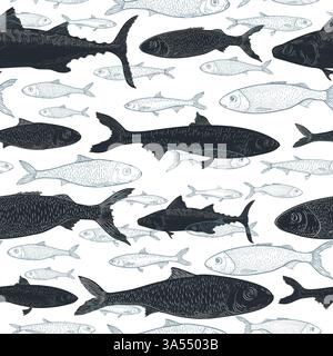 Motif sans couture de vecteur de sardine et de poisson maquereau noir. Contour à la main dessiné de petits poissons de mer sur fond répétitif. Conception pour l'emballage Illustration de Vecteur