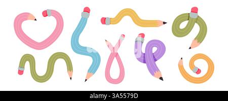 Crayon comique courbé torsadé doodle croquis. Crayon simple dessiné à la main. Fournitures scolaires flexibles funky. Outil d'écriture tendance. Illustration vectorielle Illustration de Vecteur