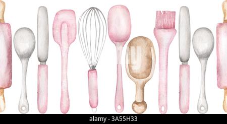ustensiles de cuisine aquarelle frontière sans couture, articles de boulangerie répètent le modèle, scrapbooking Banque D'Images