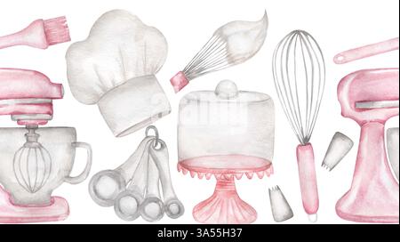 ustensiles de cuisine aquarelle frontière sans couture, produits de boulangerie répètent le modèle, scrapbooking Banque D'Images