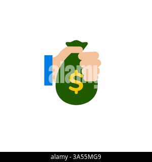Main tenant l'icône du sac d'argent avec le symbole du dollar sur le sac vert pour les thèmes financiers Illustration de Vecteur