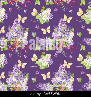 Fond sans couture avec des lilas blancs et violets enveloppés dans des rubans de soie rose. Fleurs de printemps aquarelle dans le style botanique. Dessin à la main pour l'impression sur tissu, papier d'emballage. Banque D'Images