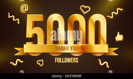 5k ou 5000 followers vous remercient. Numéros d'or avec ruban. Amis des réseaux sociaux, followers, internautes. Abonnés, followers ou Likes célébration. Illustration vectorielle Illustration de Vecteur
