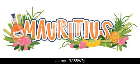 Autocollant vectoriel. Vacances de croisière à Maurice. Composition avec bouteille de rhum, ananas, banane et fleurs. Emblème de vacances tropicales. Illustration pour le menu du bar de plage. Vacances d'été, fête, café. Illustration de Vecteur