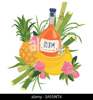 Autocollant vectoriel avec bouteille de rhum, ananas, banane et fleurs. Emblème de vacances tropicales. Illustration pour le menu du bar de plage. Vacances de croisière, vacances d'été, fête, café. Illustration de Vecteur