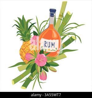 Autocollant vectoriel avec bouteille de rhum, ananas et fleurs. Emblème de vacances tropicales. Illustration pour le menu du bar de plage. Vacances de croisière, vacances d'été, fête, café. Illustration de Vecteur