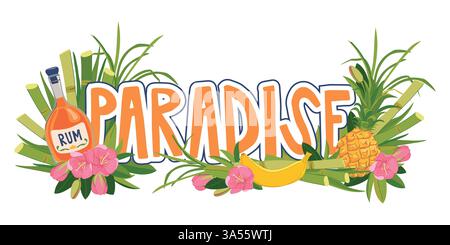 Autocollant vectoriel. Vacances en croisière sur une île tropicale. Composition avec une bouteille de rhum, ananas, banane et fleurs. Emblème pour des vacances paradisiaques. Illustration pour un menu de bar de plage. Fête d'été. Illustration de Vecteur