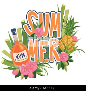 Autocollant vectoriel avec bouteille de rhum, ananas et fleurs. Emblème de vacances tropicales. Illustration pour le menu du bar de plage. Vacances de croisière, vacances d'été, fête, café. Illustration de Vecteur
