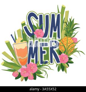 Autocollant vectoriel avec bouteille de rhum, ananas et fleurs. Emblème de vacances tropicales. Illustration pour le menu du bar de plage. Vacances de croisière, vacances d'été, fête, café. Illustration de Vecteur