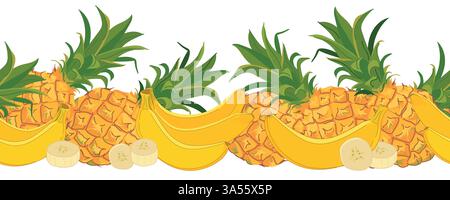 Bordure sans couture avec bananes et ananas. Motif vectoriel avec des fruits tropicaux. Illustration de Vecteur