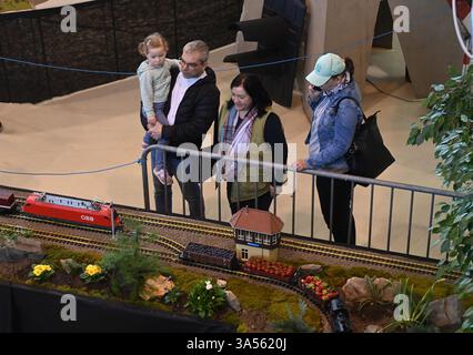 Olomouc, République tchèque. 21 mars 2025. Les modélisateurs aéronautiques, navals et automobiles ont préparé leurs expositions à la veille de la 23ème édition de l'exposition interactive for Model 2025, axée sur les modèles, la collecte et les technologies numériques, les jeux, les jouets et les kits, Olomouc, République tchèque, 21 mars 2025. Les gens regardent le chemin de fer miniature de Jan Bartos. Crédit : Ludek Perina/CTK photo/Alamy Live News Banque D'Images