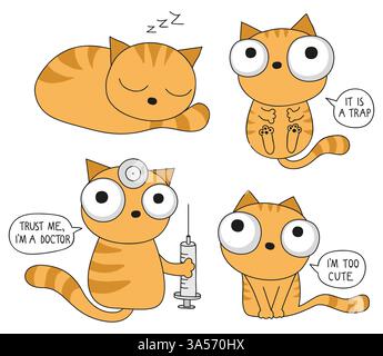 Ensemble de chats de bande dessinée mignons avec de grands yeux et des citations amusantes pour la conception d'autocollant ou de t-shirt. Banque D'Images