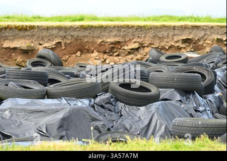 Feuilles et pneus en plastique protégeant Ness of Brodgar site de fouilles archéologiques néolithiques Mainland Orkney, Écosse juillet 2024 Banque D'Images