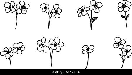 Une collection d'illustrations florales dessinées à la main mettant en vedette divers styles de petites fleurs avec des tiges et des feuilles. Les designs sont simples et élégants Illustration de Vecteur
