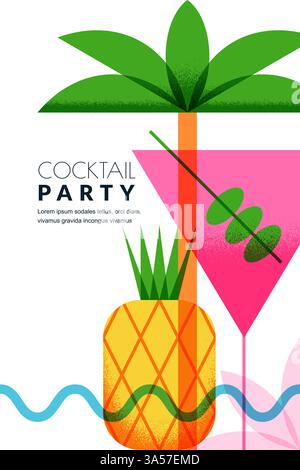 Affiche de fête de plage tropicale d'été, bannière, invitation avec palmier, ananas, cocktail. Illustration plate colorée vectorielle sur fond blanc. Geometri Illustration de Vecteur