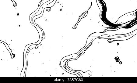 Illustration abstraite en noir et blanc présentant des lignes fluides et des formes ressemblant à des formes liquides ou organiques, sur fond blanc. Illustration de Vecteur