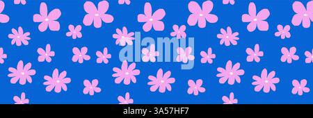 motif tendance avec des couleurs naïves. Fond de bannière sans couture avec des marguerites irrégulières. Illustration vectorielle contemporaine. En bleu et rose Illustration de Vecteur
