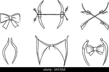 Une collection d'éléments décoratifs dessinés à la main avec des arcs et des flèches, y compris divers styles d'arcs et de formes en corne. Idéal pour le design Illustration de Vecteur