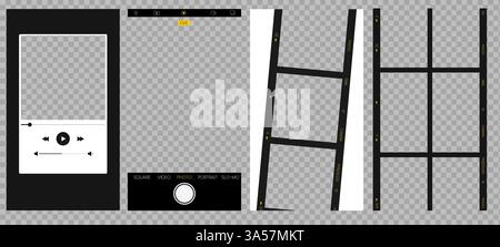 Cadre de film vectoriel et maquette d'interface utilisateur de caméra avec éléments d'écran de téléphone. Comprend des icônes d'enregistrement vidéo, des boutons de capture de photos, une disposition de grille, un modèle de mise au point Illustration de Vecteur