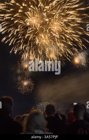 Un feu d'artifice fascinant illumine le ciel nocturne comme une foule captivée regarde, célébrant un moment joyeux et inoubliable. Banque D'Images