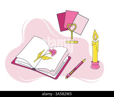 Ensemble de papeterie sur le thème de l'amour, journal de fille et bougie Illustration de Vecteur