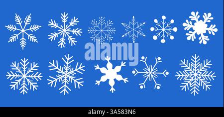 Ensemble vectoriel d'icônes et de motifs de flocon de neige. Silhouettes de cristal de Noël isolées blanches pour la décoration d'hiver. Eléments de conception congelés à froid pour Illustration de Vecteur
