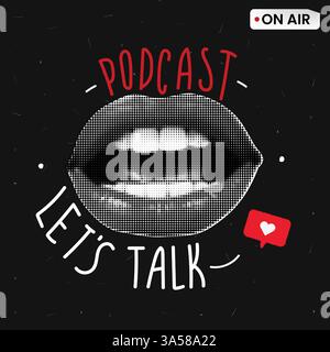 Couverture pour un thème de podcast True crime. Bouche ouverte avec des dents et rouge comme. Collage vectoriel avec des textures et des griffonnages sur fond noir Illustration de Vecteur