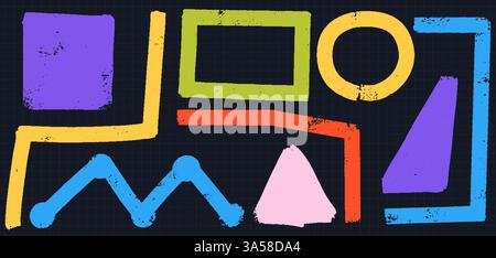 Jeu de lignes et de formes d'encre grunge. Cercles, triangle et courbes de style Graffiti dessinés à la main dans la conception dynamique. Illustration de Vecteur