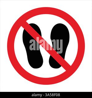 Cercle rouge avec une ligne diagonale au-dessus des empreintes noires, indiquant l'interdiction de marcher sans chaussures ou d'entrer avec des chaussures Illustration de Vecteur