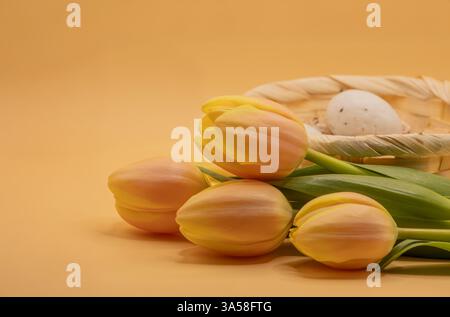 Panier de Pâques avec œufs blancs, beiges et bruns et tulipes pastel sur fond doux. Banque D'Images